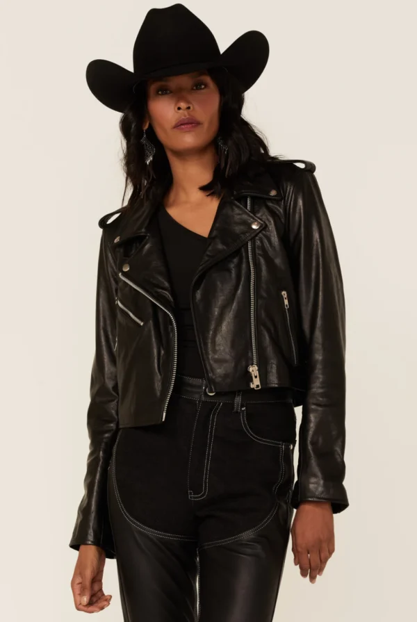 Mercy Biker Leather Jacket with Zipper Cuffs and Side Openings