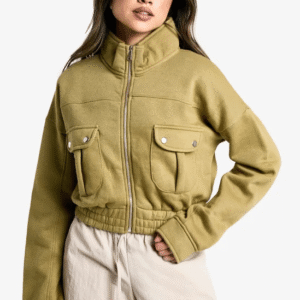 Women’s Pocket Detail Bomber Jacket with High Collar and Snap Button Pockets