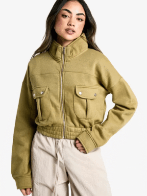 Women’s Pocket Detail Bomber Jacket with High Collar and Snap Button Pockets