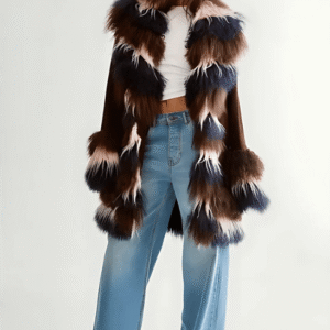 Front view of real suede and shearling coat with faux fur trim