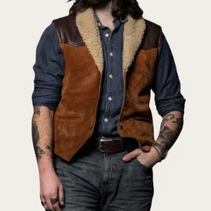 Roberts Men's Western Cowhide Sherpa Vest with Sherpa Collar and Fur Lining