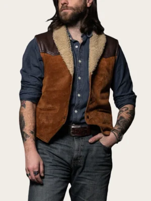 Roberts Men's Western Cowhide Sherpa Vest with Sherpa Collar and Fur Lining