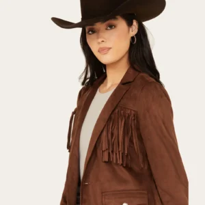 Shyanne Women’s Dark Brown Suede Fringe Jacket made from leather with lapel collar and button closure