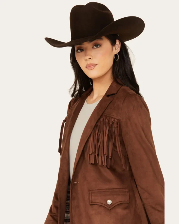 Shyanne Women’s Dark Brown Suede Fringe Jacket made from leather with lapel collar and button closure