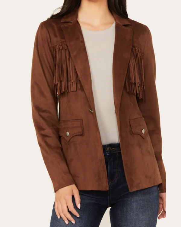 Shyanne Women’s Dark Brown Suede Fringe Jacket - Image 2