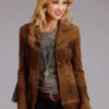Stetson Brown Leather Fringe Jacket for Women with Lapel Collar and Full Sleeves