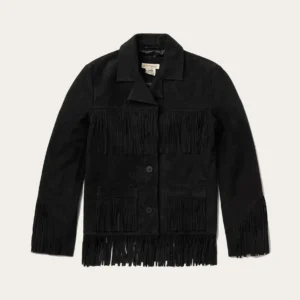 Stunning Black Suede Fringe Jacket for Women with Lapel Collar and Button Closure