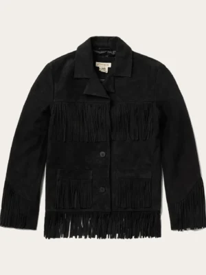 Stunning Black Suede Fringe Jacket for Women with Lapel Collar and Button Closure