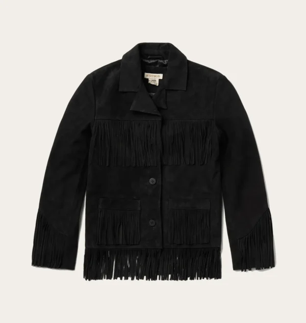Stunning Black Suede Fringe Jacket for Women with Lapel Collar and Button Closure
