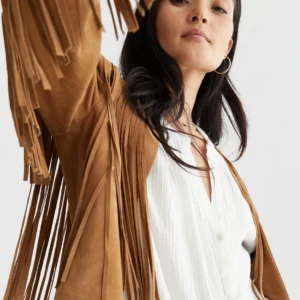 Women’s Camel Leather Bolero Jacket with Full Sleeves and Retro Cowgirl Style