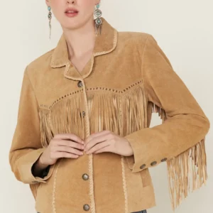 Women's Suede Fringe Jacket in Western Yellowstone style with front fringe and snap closure.