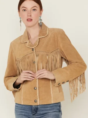Women's Suede Fringe Jacket in Western Yellowstone style with front fringe and snap closure.