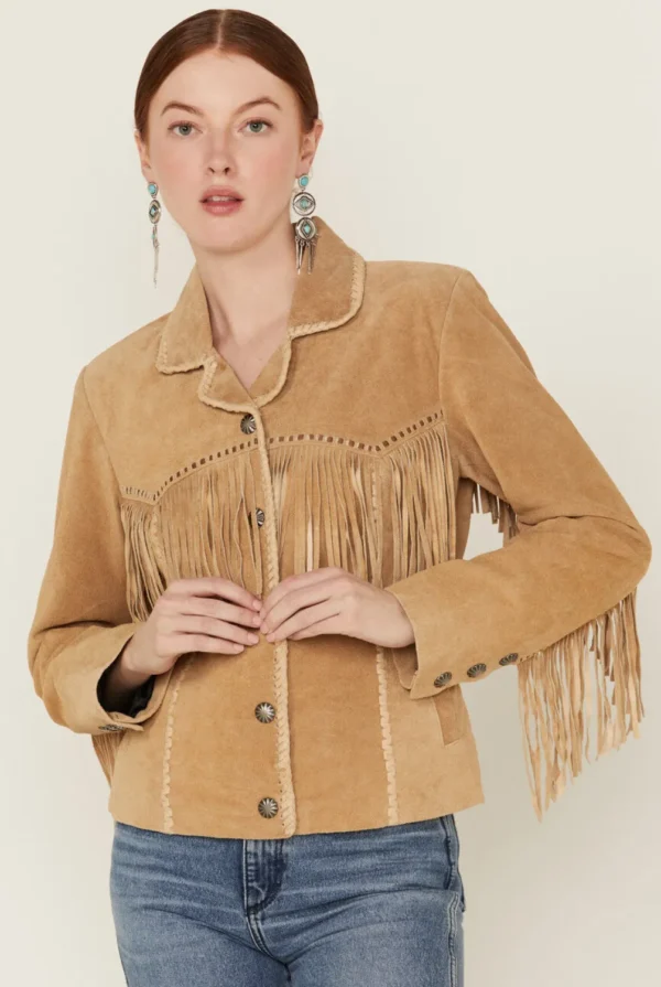 Women's Suede Fringe Jacket in Western Yellowstone style with front fringe and snap closure.