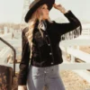 Stunning Women’s Western Style Black Suede Leather Jacket with Fringe – Full Sleeves, Satin Lining Women’s Black Suede Leather Jacket with Fringe, Full Sleeves, Satin Lining, and Western Style Design