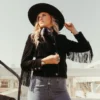 Stunning Women’s Western Style Black Suede Leather Jacket with Fringe – Full Sleeves, Satin Lining (2) Women’s Western Style Fringe Black Suede Leather Jacket