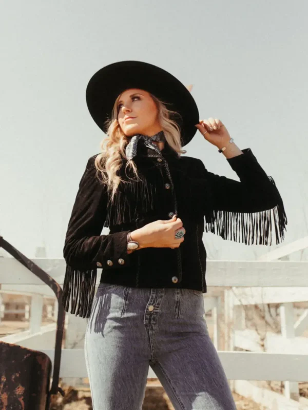 Stunning Women’s Western Style Black Suede Leather Jacket with Fringe – Full Sleeves, Satin Lining - Image 2