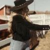 Stunning Women’s Western Style Black Suede Leather Jacket with Fringe – Full Sleeves, Satin Lining (3) Women’s Western Style Fringe Black Suede Leather Jacket