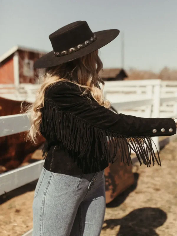 Stunning Women’s Western Style Black Suede Leather Jacket with Fringe – Full Sleeves, Satin Lining - Image 3