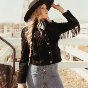Women’s Black Suede Leather Jacket with Fringe, Full Sleeves, Satin Lining, and Western Style Design