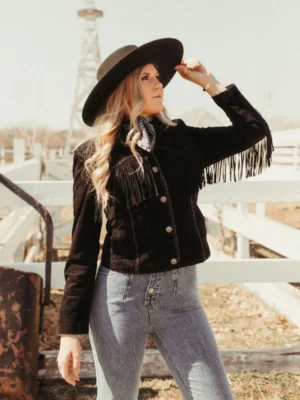 Women’s Black Suede Leather Jacket with Fringe, Full Sleeves, Satin Lining, and Western Style Design