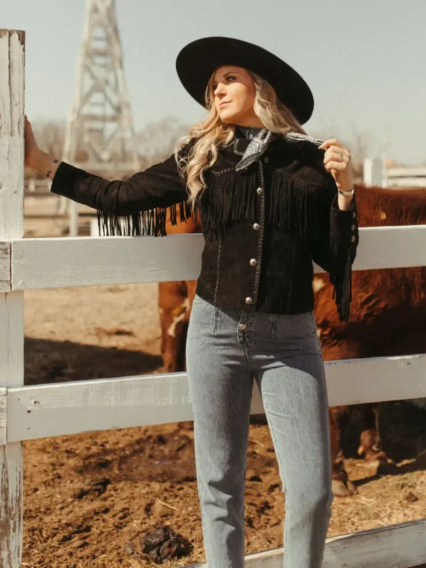 Stunning Women’s Western Style Black Suede Leather Jacket with Fringe – Full Sleeves, Satin Lining - Image 4