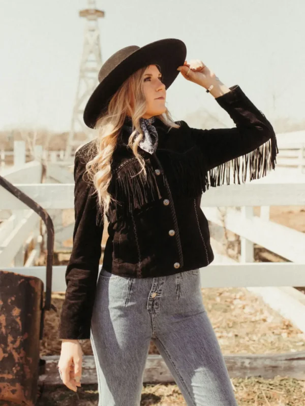 Women’s Black Suede Leather Jacket with Fringe, Full Sleeves, Satin Lining, and Western Style Design