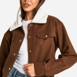 Teddy Collar Wool Look Jacket with cropped design, cozy teddy collar, and functional chest pockets for stylish winter wear