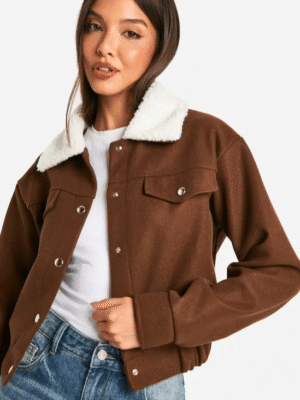 Teddy Collar Wool Look Jacket with cropped design, cozy teddy collar, and functional chest pockets for stylish winter wear