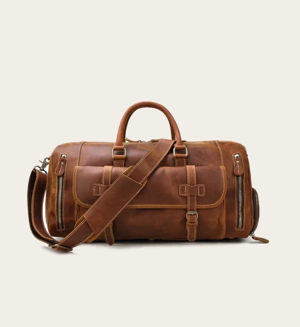 The Bard Weekender handmade leather duffle bag with shoe compartment and front pocket – Jacket Journey