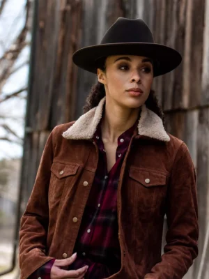 Premium Shearling Collar Suede Jacket for Women – Brown Leather Trucker Jacket