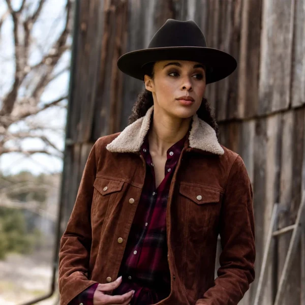 Premium Shearling Collar Suede Jacket for Women – Brown Leather Trucker Jacket