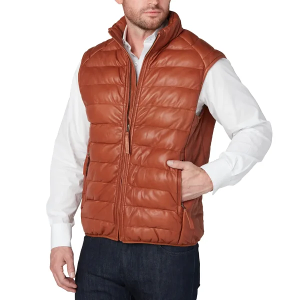 Ultimate Cognac Leather Puffer Vest for Men – Stylish & Warm Outerwear - Image 3