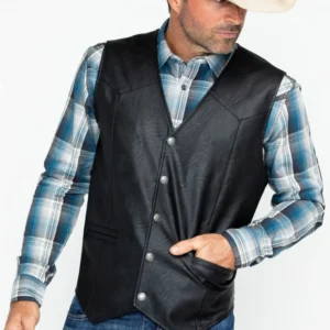 Men's Black Deadwood Vest – Premium PU Leather with Snap Front