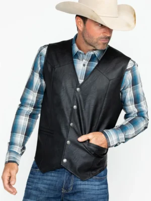 Ultimate Men’s Black Deadwood Vest – Stylish PU Leather Western Snap Vest Men's Black Deadwood Vest – Premium PU Leather with Snap Front