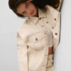 Oversized denim jacket for women with relaxed boxy fit and button-up front