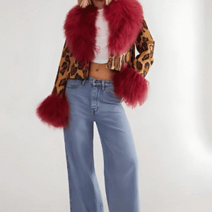Leopard suede and shearling coat with cropped silhouette and faux fur collar