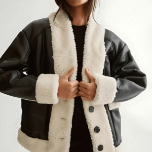 Front view of Borg Bonded 80s Aviator Jacket featuring boxy fit, oversized lapels, and contrasting borg trim