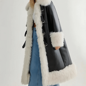 Front view of Plush Collar Bonded Maxi Aviator Coat with oversized fit and buckle fastenings