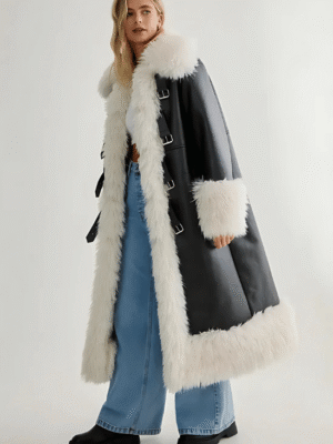 Front view of Plush Collar Bonded Maxi Aviator Coat with oversized fit and buckle fastenings