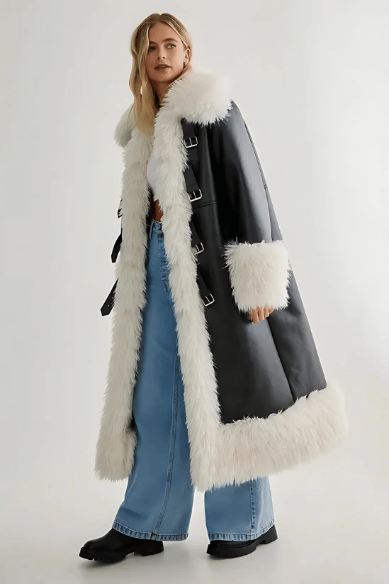 Front view of Plush Collar Bonded Maxi Aviator Coat with oversized fit and buckle fastenings