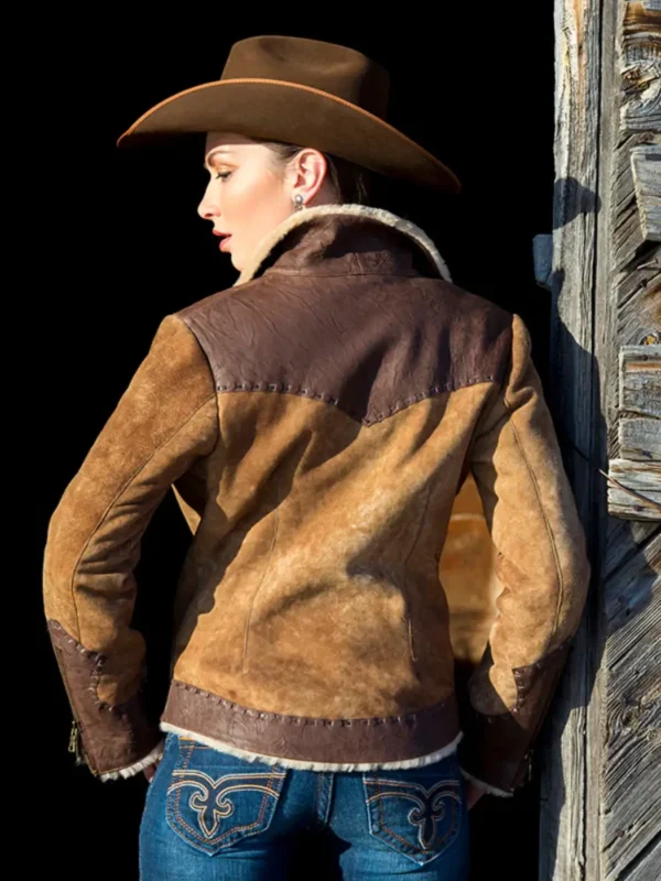 Wild West Shearling Bomber Jacket for Women – Tan & Brown Leather - Image 2