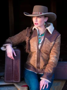 Wild West Shearling Bomber Jacket for Women – Tan & Brown Leather with Shearling Collar