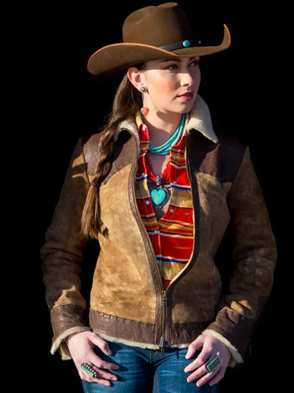 Wild West Shearling Bomber Jacket for Women – Tan & Brown Leather - Image 3