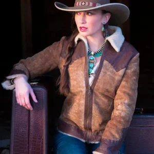 Wild West Shearling Bomber Jacket for Women – Tan & Brown Leather with Shearling Collar