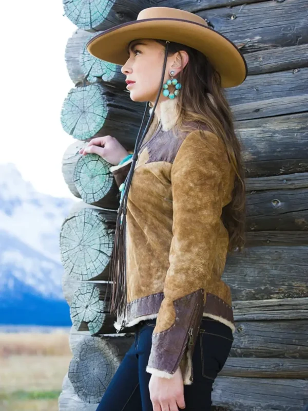 Wild West Shearling Bomber Jacket for Women – Tan & Brown Leather - Image 4