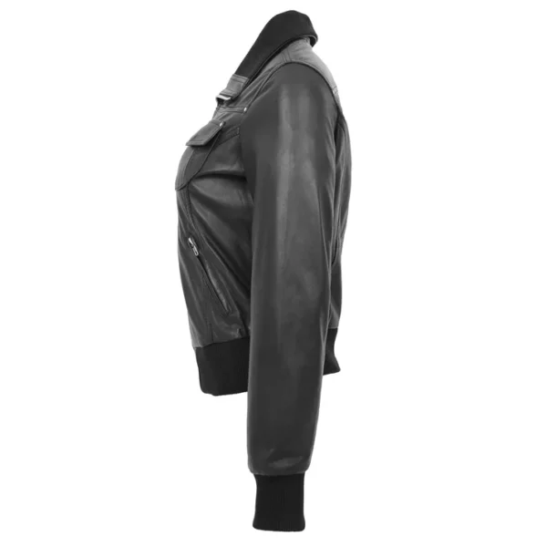 Women's black bomber leather jacket with zipper closure, ribbed cuffs, and shirt-style collar – made from real leather