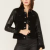 Women's black leather and suede jacket with zipper front, shirt collar, and front pockets