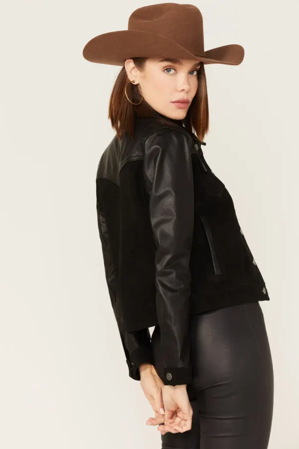 Women's black leather and suede jacket with zipper front, shirt collar, and front pockets