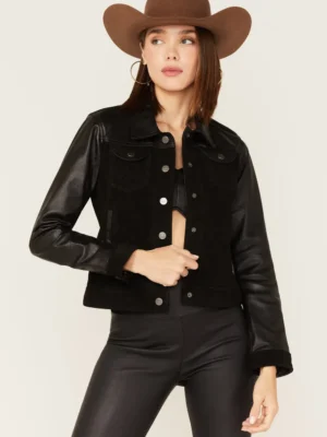 Women's black leather and suede jacket with zipper front, shirt collar, and front pockets