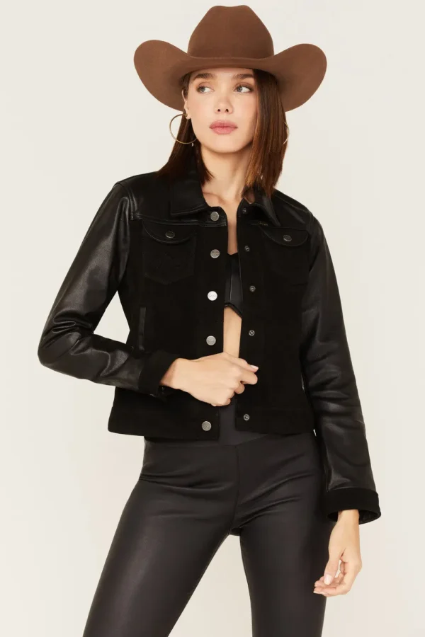 Women's black leather and suede jacket with zipper front, shirt collar, and front pockets